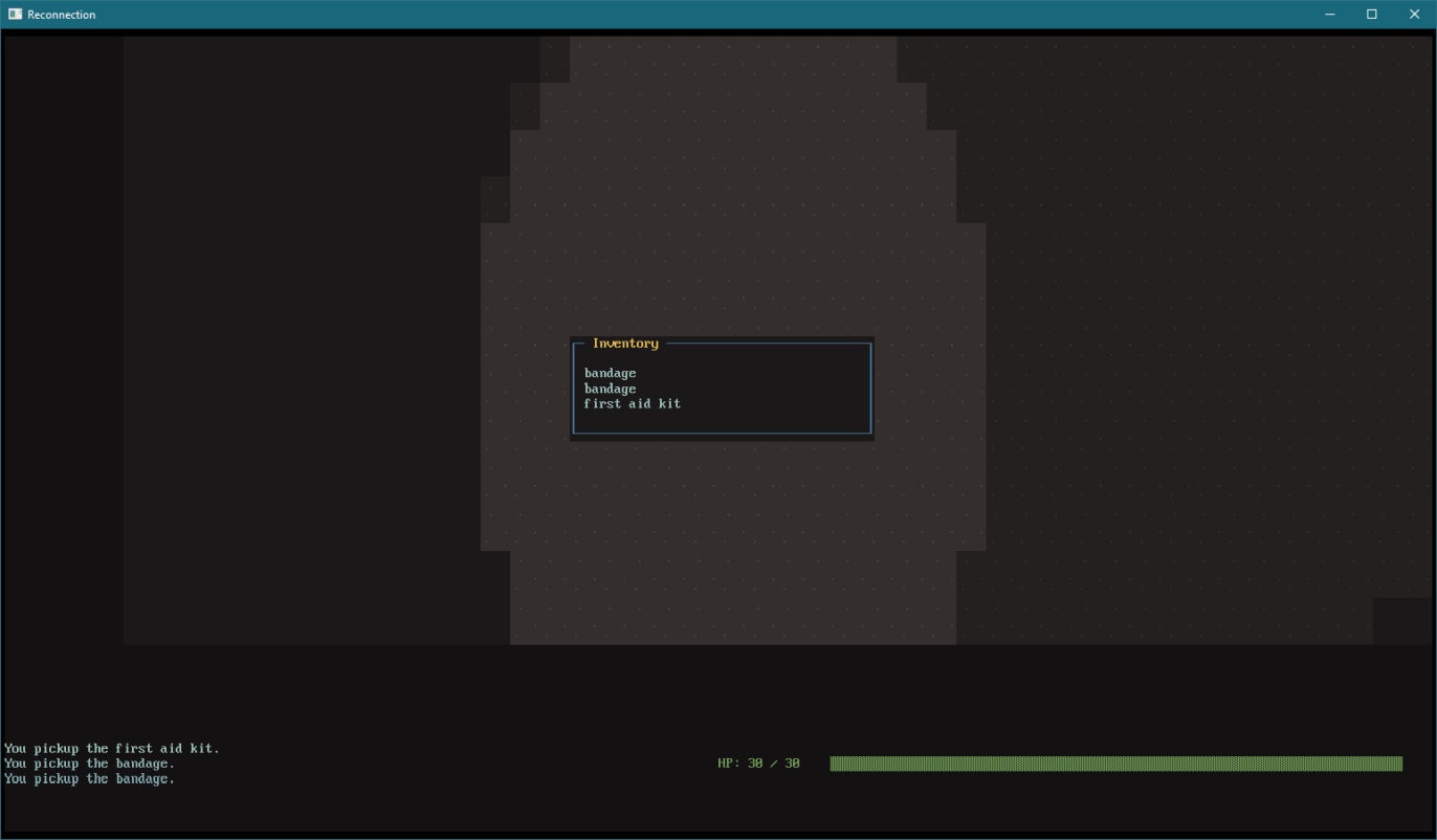 A screenshot of a tile-based roguelike showing an inventory menu, message log and health bar.