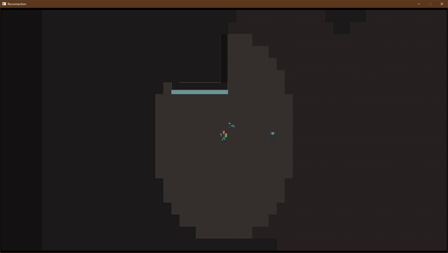 Another screenshot of a tile-based roguelike, showing a building and two robotic enemies nearby.